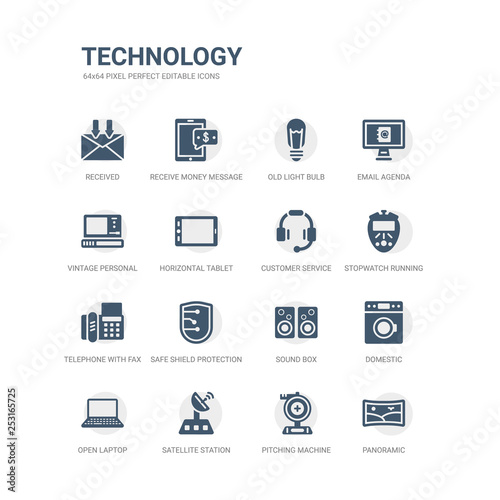 simple set of icons such as panoramic, pitching machine, satellite station, open laptop, domestic, sound box, safe shield protection, telephone with fax, stopwatch running, customer service headset.