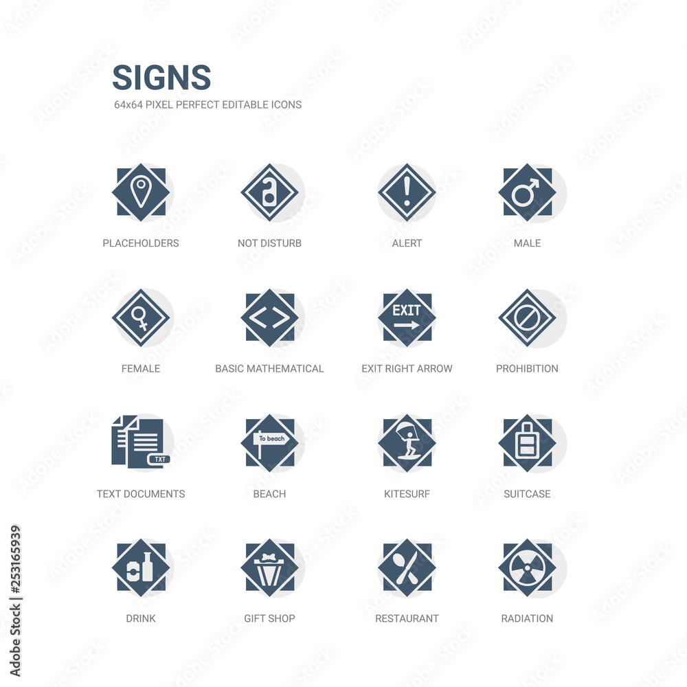simple set of icons such as radiation, restaurant, gift shop, drink, suitcase, kitesurf, beach, text documents, prohibition, exit right arrow. related signs icons collection. editable 64x64 pixel