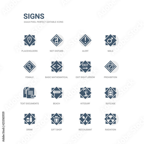 simple set of icons such as radiation  restaurant  gift shop  drink  suitcase  kitesurf  beach  text documents  prohibition  exit right arrow. related signs icons collection. editable 64x64 pixel