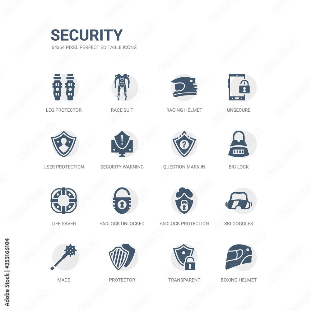 simple set of icons such as boxing helmet, transparent, protector, mace, ski goggles, padlock protection active, padlock unlocked, life saver, big lock, question mark in a shield. related security simple set of icons such as boxing helmet, transparent, protector, mace, ski goggles, padlock protection active, padlock unlocked, life saver, big lock, question mark in a shield. related security