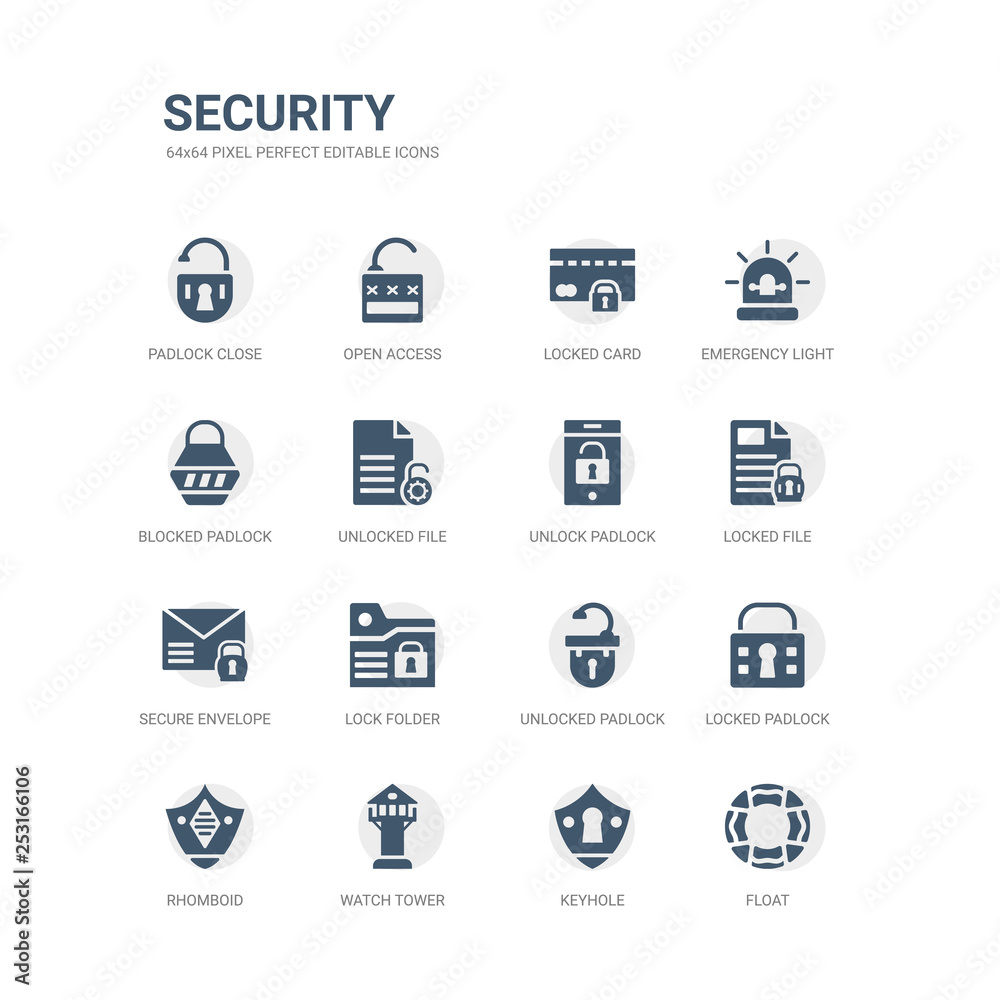 simple set of icons such as float, keyhole, watch tower, rhomboid, locked padlock, unlocked padlock, lock folder, secure envelope, locked file, unlock padlock. related security icons collection. simple set of icons such as float, keyhole, watch tower, rhomboid, locked padlock, unlocked padlock, lock folder, secure envelope, locked file, unlock padlock. related security icons collection.