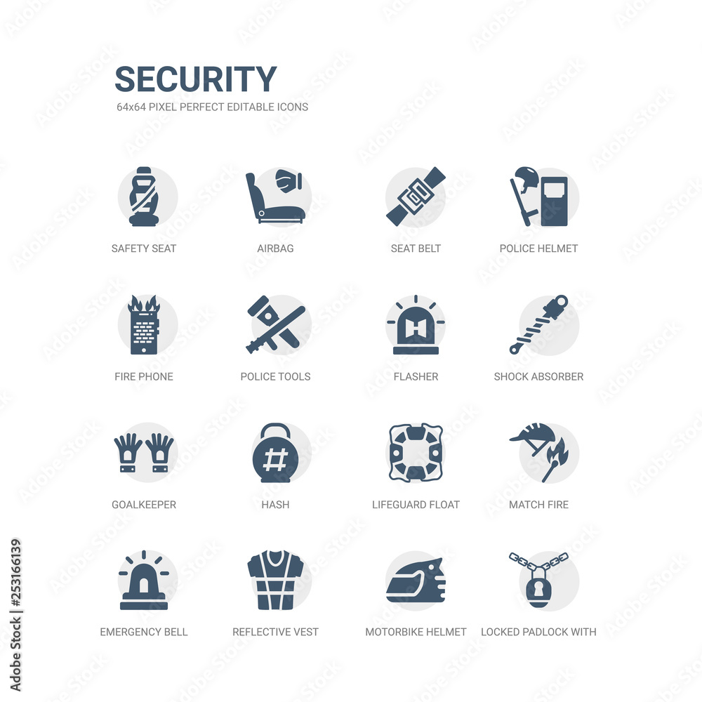 simple set of icons such as locked padlock with chain, motorbike helmet, reflective vest, emergency bell, match fire, lifeguard float, hash, goalkeeper, shock absorber, flasher. related security simple set of icons such as locked padlock with chain, motorbike helmet, reflective vest, emergency bell, match fire, lifeguard float, hash, goalkeeper, shock absorber, flasher. related security