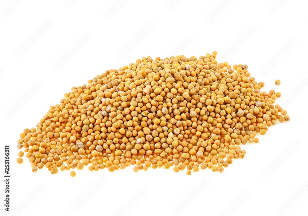 Heap of mustard seeds isolated on white background