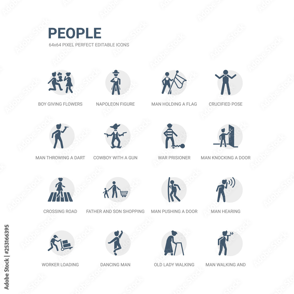 simple set of icons such as man walking and smoking, old lady walking, dancing man, worker loading, man hearing, pushing a door with his body, father and son shopping, crossing road, knocking a simple set of icons such as man walking and smoking, old lady walking, dancing man, worker loading, man hearing, pushing a door with his body, father and son shopping, crossing road, knocking a