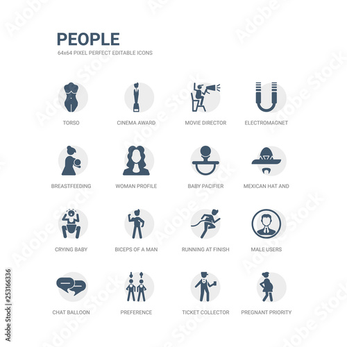 simple set of icons such as pregnant priority, ticket collector, preference, chat balloon, male users, running at finish line, biceps of a man, crying baby, mexican hat and mustache, baby pacifier.