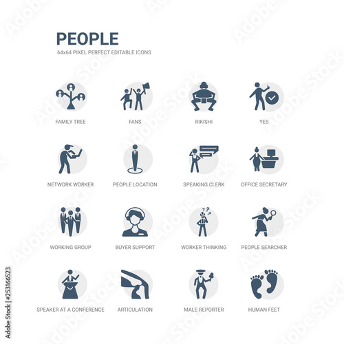 simple set of icons such as human feet, male reporter, articulation, speaker at a conference, people searcher, worker thinking, buyer support, working group, office secretary, speaking clerk.