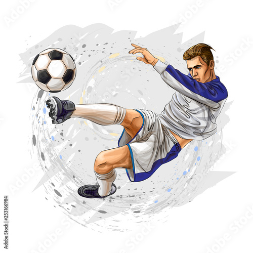 Soccer player kicks the ball