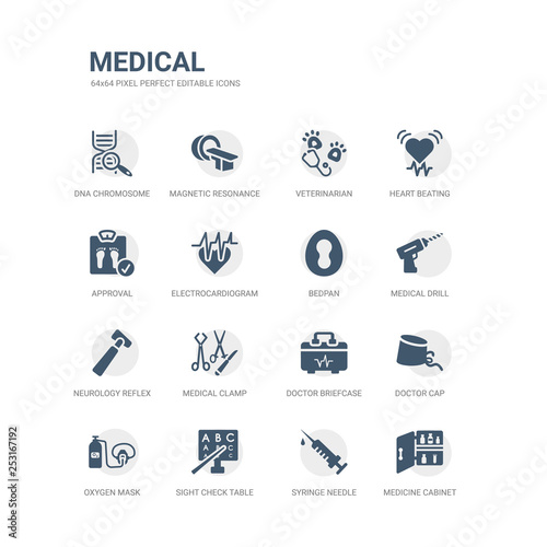 simple set of icons such as medicine cabinet, syringe needle, sight check table, oxygen mask, doctor cap, doctor briefcase, medical clamp, neurology reflex hammer, medical drill, bedpan. related