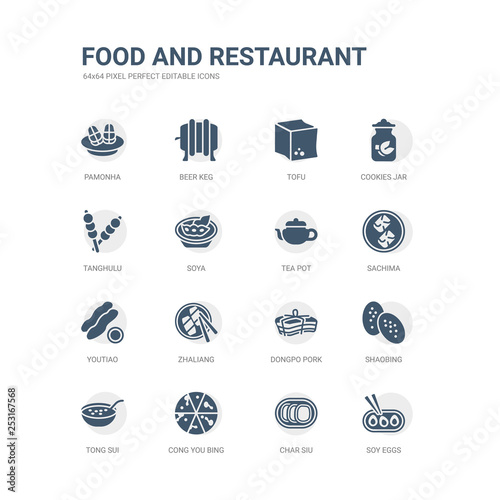 simple set of icons such as soy eggs, char siu, cong you bing, tong sui, shaobing, dongpo pork, zhaliang, youtiao, sachima, tea pot. related food and restaurant icons collection. editable 64x64