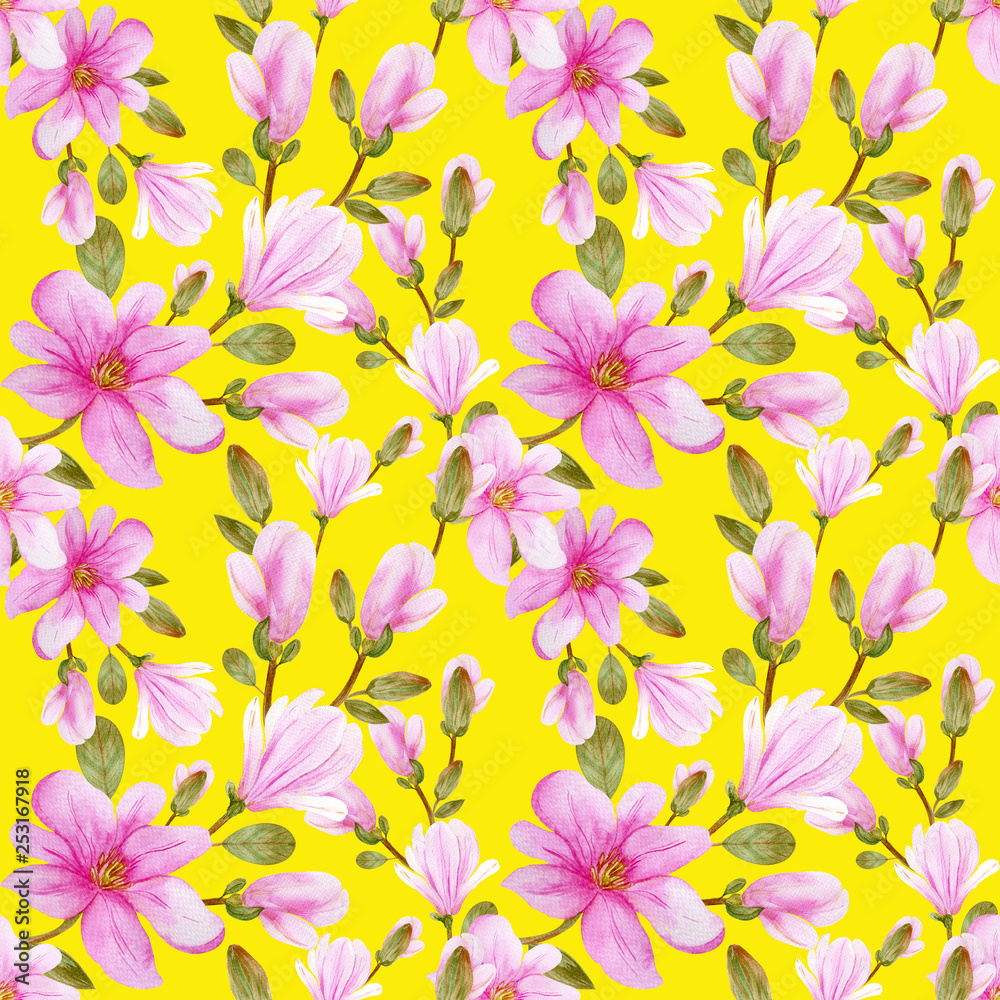 Watercolor illustrations with branches of blooming pink magnolia, pattern on a yellow background for your design. handwork. Perfect for wallpapers, web page backgrounds, surface textures, textile. 
