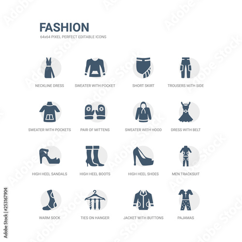 simple set of icons such as pajamas, jacket with buttons, ties on hanger, warm sock, men tracksuit, high heel shoes, high heel boots, high heel sandals, dress with belt, sweater with hood and