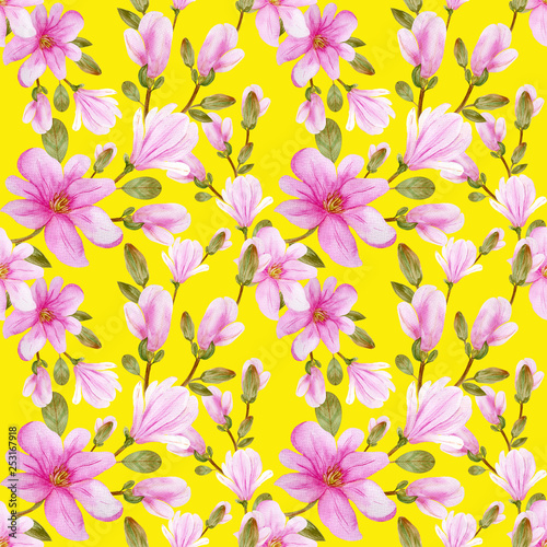 Watercolor illustrations with branches of blooming pink magnolia  pattern on a yellow background for your design. handwork. Perfect for wallpapers  web page backgrounds  surface textures  textile. 