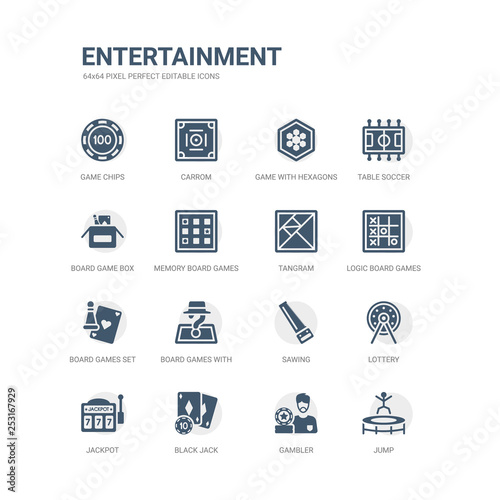 simple set of icons such as jump, gambler, black jack, jackpot, lottery, sawing, board games with roles, board games set, logic board games, tangram. related entertainment icons collection. editable