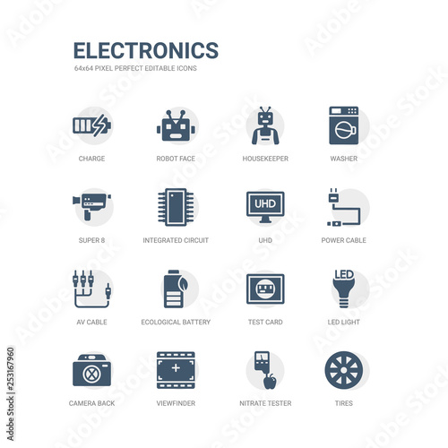 simple set of icons such as tires, nitrate tester, viewfinder, camera back, led light, test card, ecological battery, av cable, power cable, uhd. related electronics icons collection. editable 64x64
