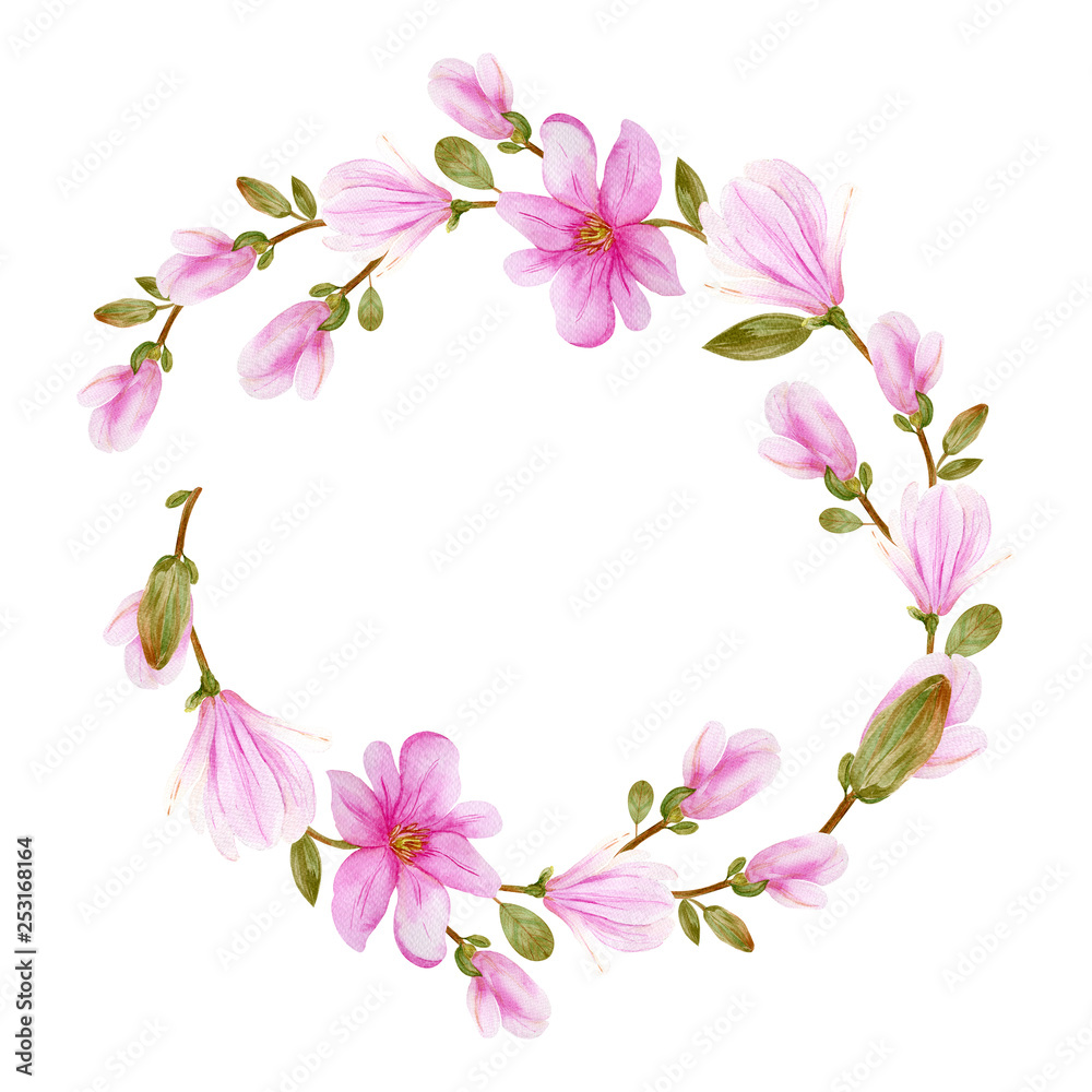 Watercolor round frame with a delicate magnolia flower with white background. Happy International Women's Day, spring. Wedding concept with flowers. Floral poster, invite, greeting card Watercolor round frame with a delicate magnolia flower with white background. Happy International Women's Day, spring. Wedding concept with flowers. Floral poster, invite, greeting card
