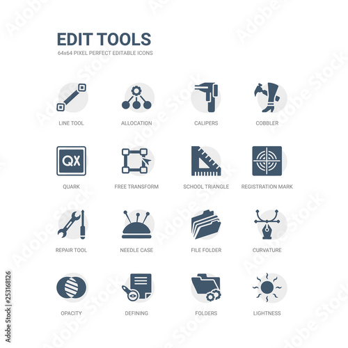simple set of icons such as lightness, folders, defining, opacity, curvature, file folder, needle case, repair tool, registration mark, school triangle. related edit tools icons collection. editable