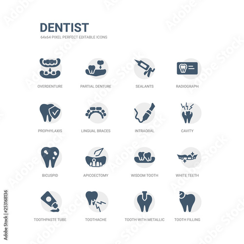 simple set of icons such as tooth filling, tooth with metallic root, toothache, toothpaste tube, white teeth, wisdom tooth, apicoectomy, bicuspid, cavity, intraoral. related dentist icons