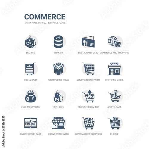 simple set of icons such as checke, supermarket shopping cart, front store with awning, online store cart, add to cart, take out from the eco label, full money bag, shopping store, shopping with