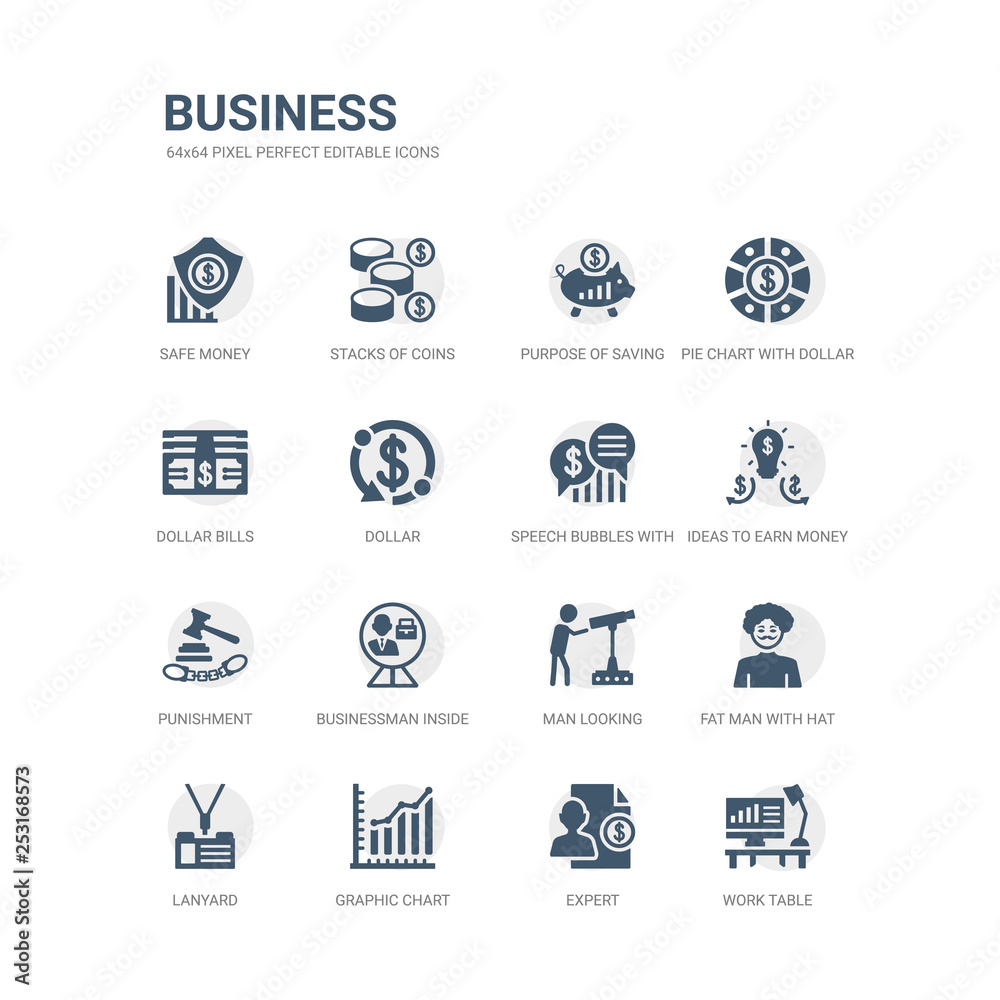 simple set of icons such as work table, expert, graphic chart, lanyard, fat man with hat and moustache, man looking, businessman inside a ball, punishment, ideas to earn money, speech bubbles with