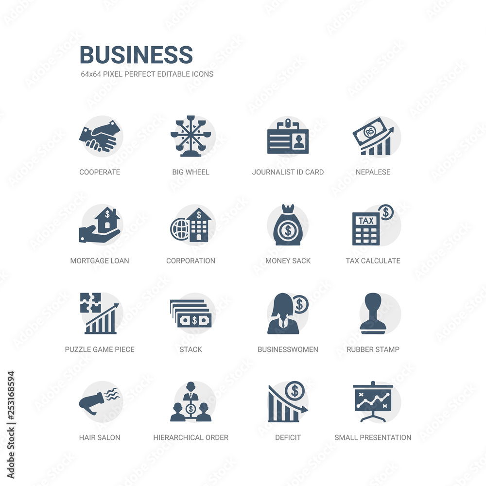 simple set of icons such as small presentation board, deficit, hierarchical order, hair salon, rubber stamp, businesswomen, stack, puzzle game piece, tax calculate, money sack. related business simple set of icons such as small presentation board, deficit, hierarchical order, hair salon, rubber stamp, businesswomen, stack, puzzle game piece, tax calculate, money sack. related business