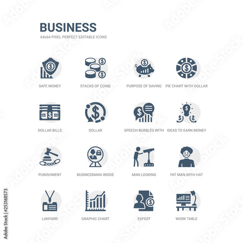 simple set of icons such as work table  expert  graphic chart  lanyard  fat man with hat and moustache  man looking  businessman inside a ball  punishment  ideas to earn money  speech bubbles with