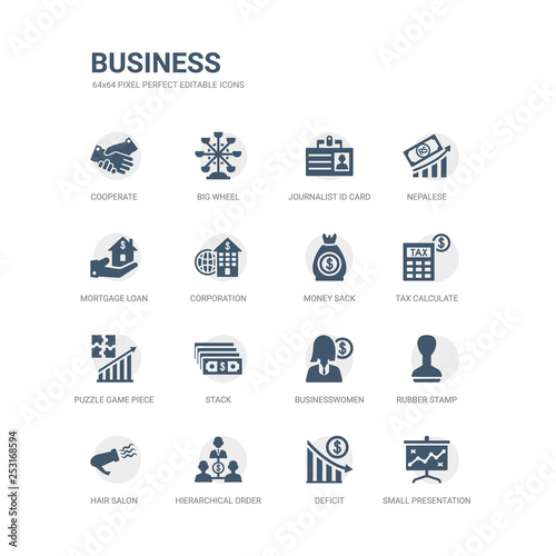 simple set of icons such as small presentation board, deficit, hierarchical order, hair salon, rubber stamp, businesswomen, stack, puzzle game piece, tax calculate, money sack. related business