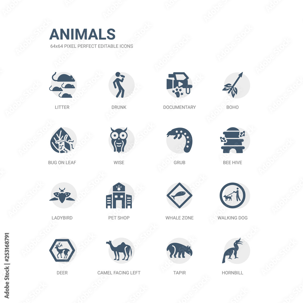 simple set of icons such as hornbill, tapir, camel facing left, deer, walking dog, whale zone, pet shop, ladybird, bee hive, grub. related animals icons collection. editable 64x64 pixel perfect.