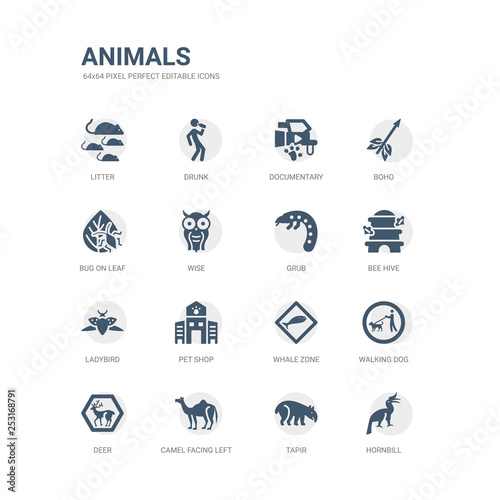 simple set of icons such as hornbill, tapir, camel facing left, deer, walking dog, whale zone, pet shop, ladybird, bee hive, grub. related animals icons collection. editable 64x64 pixel perfect.