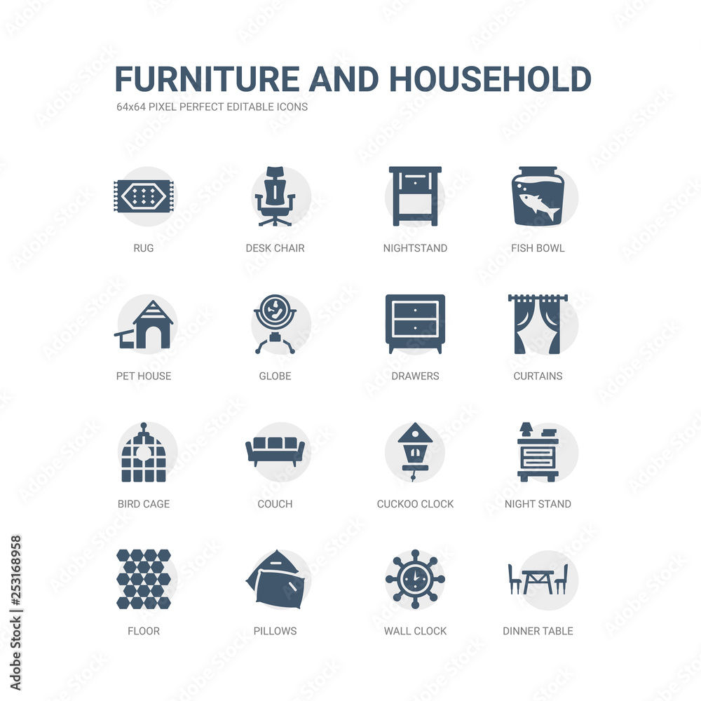 simple set of icons such as dinner table, wall clock, pillows, floor, night stand, cuckoo clock, couch, bird cage, curtains, drawers. related furniture and household icons collection. editable 64x64 simple set of icons such as dinner table, wall clock, pillows, floor, night stand, cuckoo clock, couch, bird cage, curtains, drawers. related furniture and household icons collection. editable 64x64