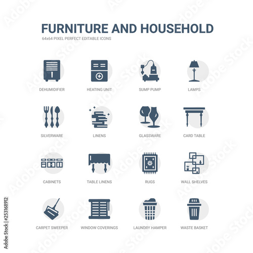 simple set of icons such as waste basket, laundry hamper, window coverings, carpet sweeper, wall shelves, rugs, table linens, cabinets, card table, glassware. related furniture and household icons