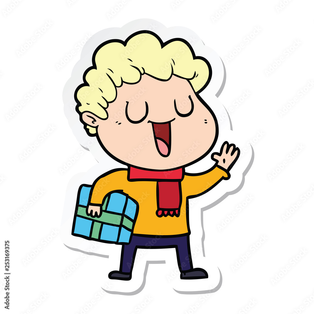 sticker of a laughing cartoon man with present sticker of a laughing cartoon man with present
