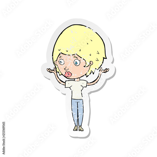 retro distressed sticker of a cartoon woman raising hands in air