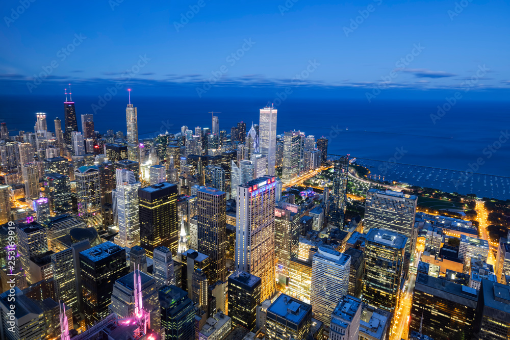 Aerial view of Chicago skyline by night