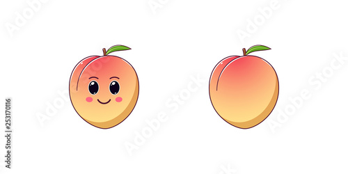 Cute Kawaii Peach, Cartoon Ripe Fruit. Vector