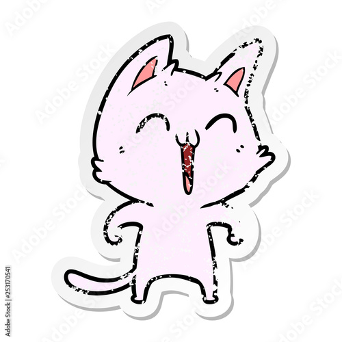 distressed sticker of a happy cartoon cat meowing