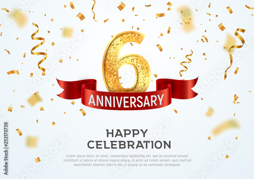 6 years anniversary vector banner template. Six year jubilee with red ribbon and confetti on white background photo