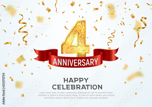 4 years anniversary vector banner template. Four year jubilee with red ribbon and confetti on white background