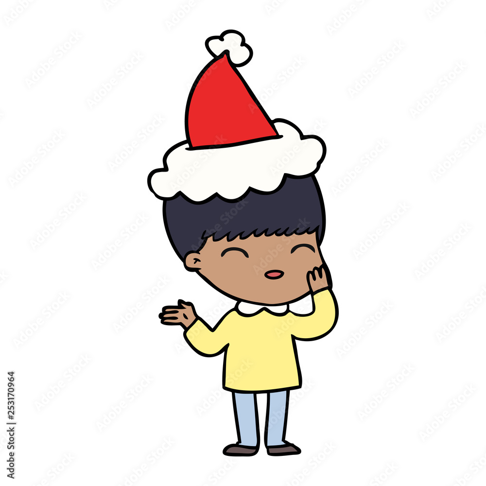 happy line drawing of a boy wearing santa hat