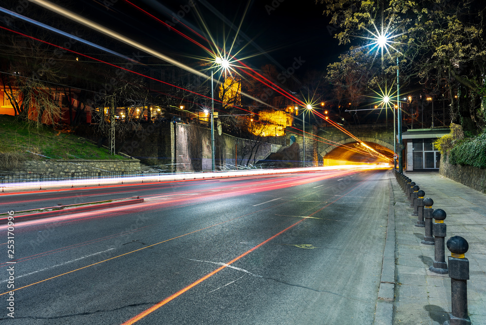 Obraz premium Headlights of cars, taken on Plovdiv city, Bulgaria with long-term exposure