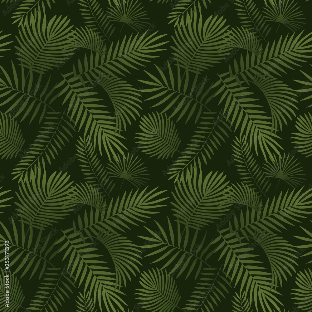 Green tropical leaves. Seamless graphic design with amazing palms leaves
