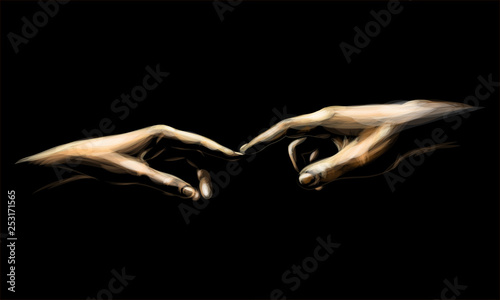 Colored sketch touching hands