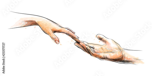 Colored sketch touching hands