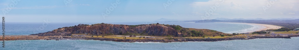 Panoramic view of Gallows Beach and Corambirra Point viewed from Muttonbird Island. Coffs Harbour, New South Wales, Australia Panoramic view of Gallows Beach and Corambirra Point viewed from Muttonbird Island. Coffs Harbour, New South Wales, Australia