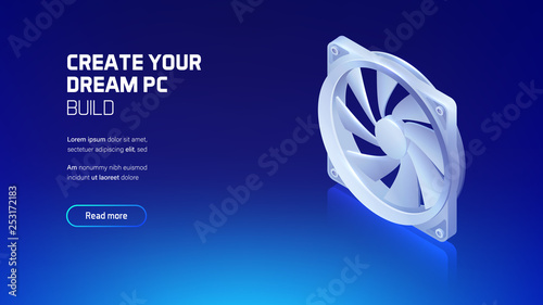 Computer fan with color led lighting for cpu cooler or pc case, 3d realistic isometric illustration, custom gaming and workstation components, computer components and accessories store