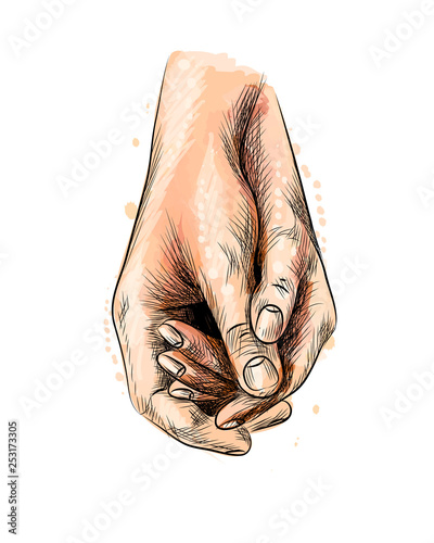 Two young lovers holding hands from a splash of watercolor