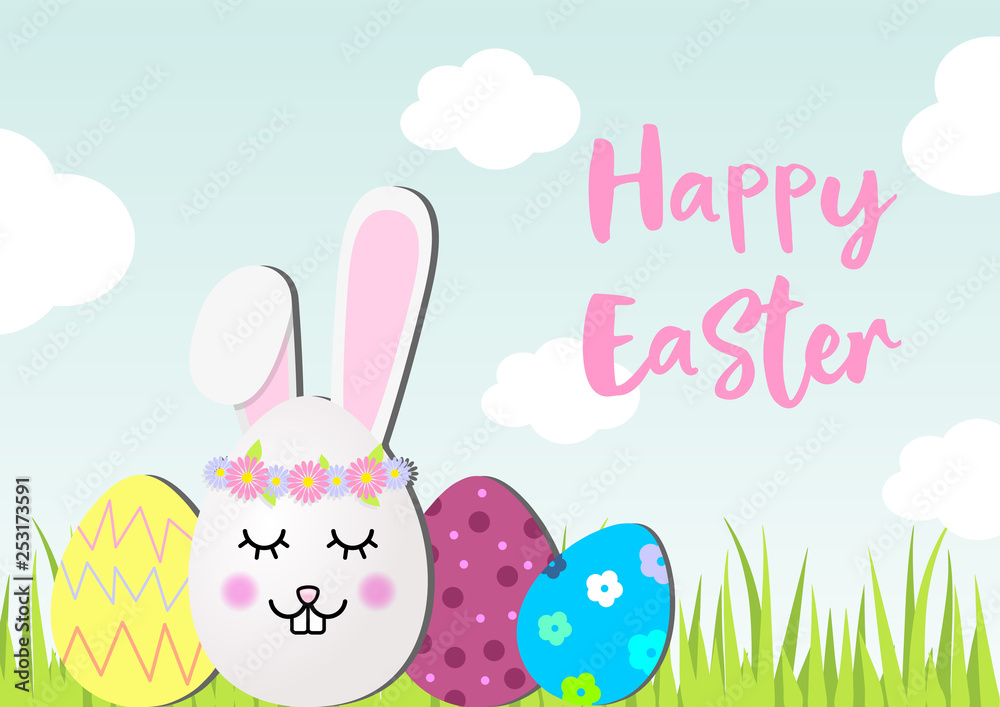 Egg rabbit head and Easter eggs on a green grass. Vector happy Easter card Egg rabbit head and Easter eggs on a green grass. Vector happy Easter card
