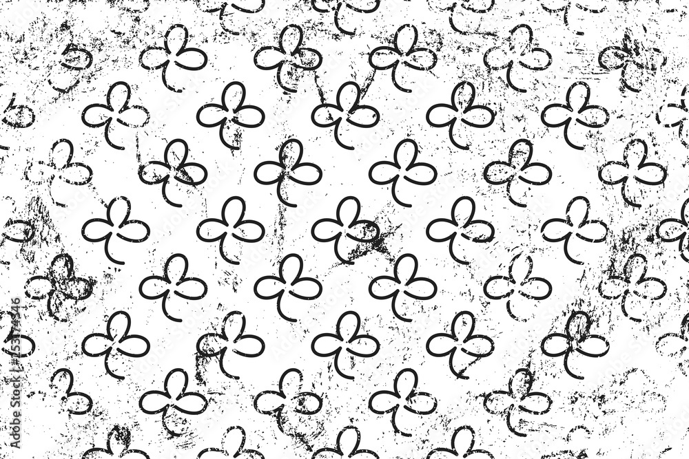Grunge pattern with line signs of shamrocks. Horizontal black and white backdrop.