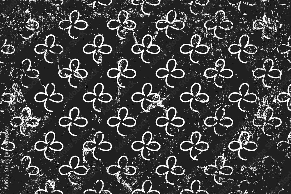 Grunge pattern with line signs of shamrocks. Horizontal black and white backdrop. Grunge pattern with line signs of shamrocks. Horizontal black and white backdrop.