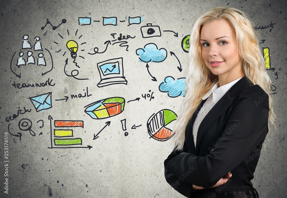 Smiling pretty woman holding finger on face and business signs Smiling pretty woman holding finger on face and business signs