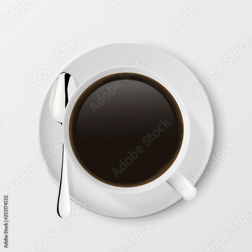 Realistic Vector 3d Glossy Blank White Coffee Cup or Mug with Americano, Espresso and Tea or Coffee Spoon Closeup Isolated on White Background. Design Template of Coffee Mug or Cup, Mockup. Top View